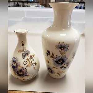 Pair Of Vintage Zsolnay Hungary Vase signed Blue Floral Flower Pattern